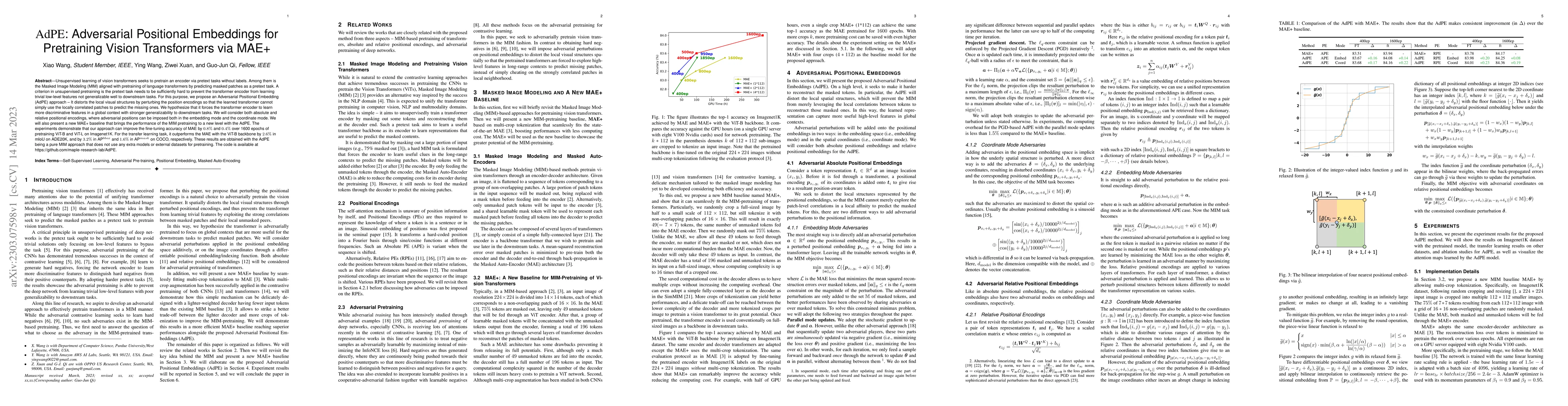 Thumbnail for AdPE: Adversarial Positional Embeddings for Pretraining Vision
  Transformers via MAE+