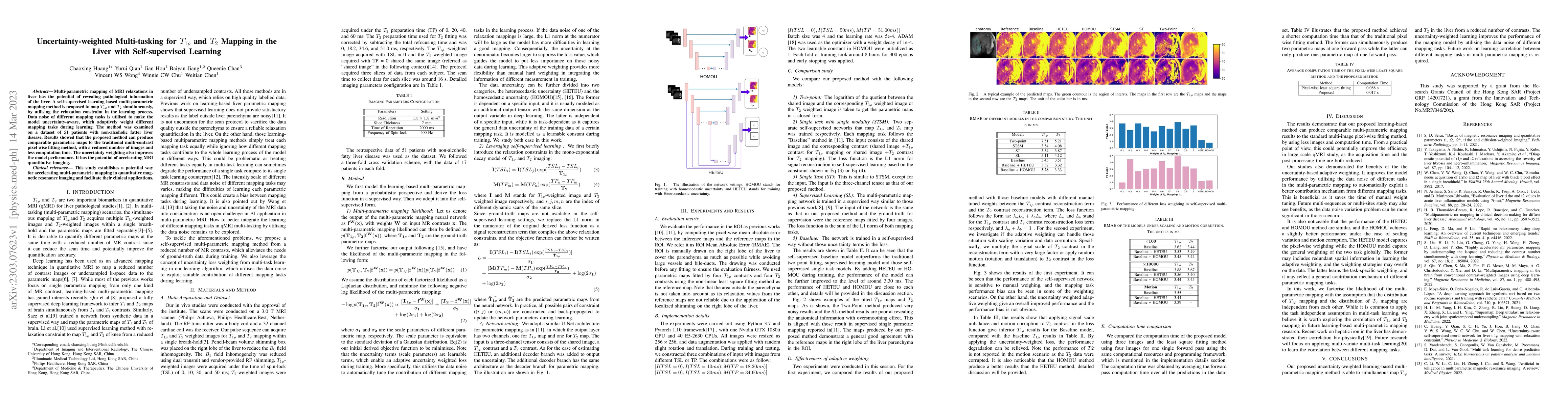 Thumbnail for Uncertainty-weighted Multi-tasking for $T_{1\rho}$ and T$_2$ Mapping in
  the Liver with Self-supervised Learning