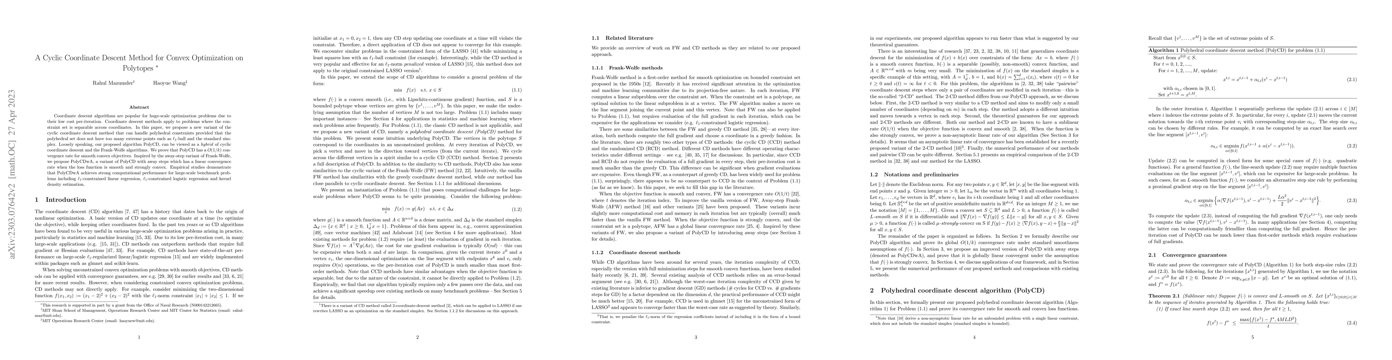 Thumbnail for A Cyclic Coordinate Descent Method for Convex Optimization on Polytopes