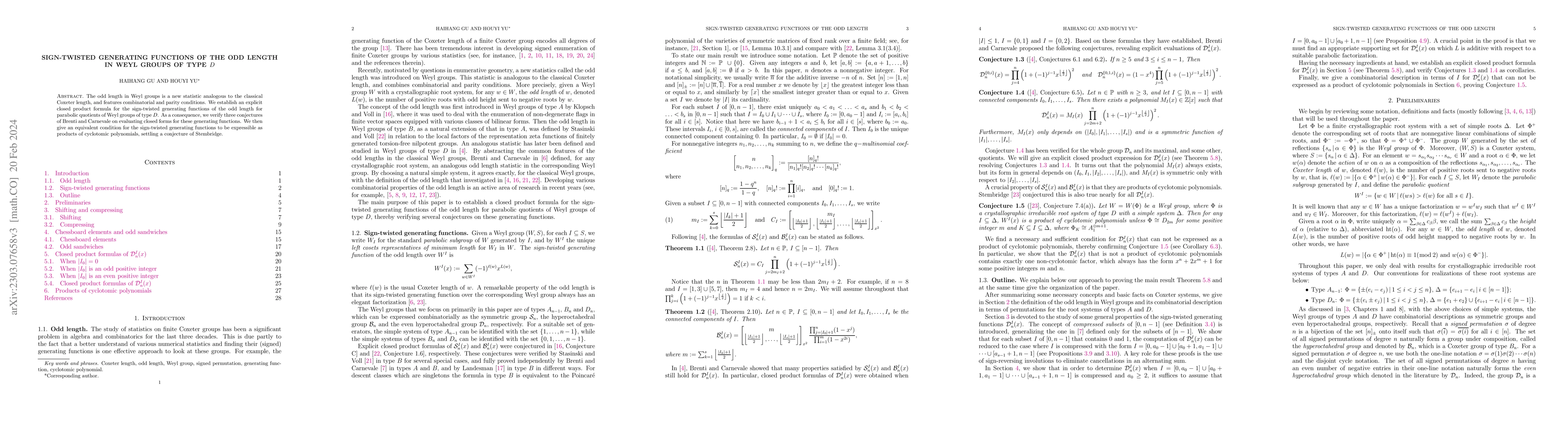 Thumbnail for Sign-twisted generating functions of the odd length in Weyl groups of
  type $D$
