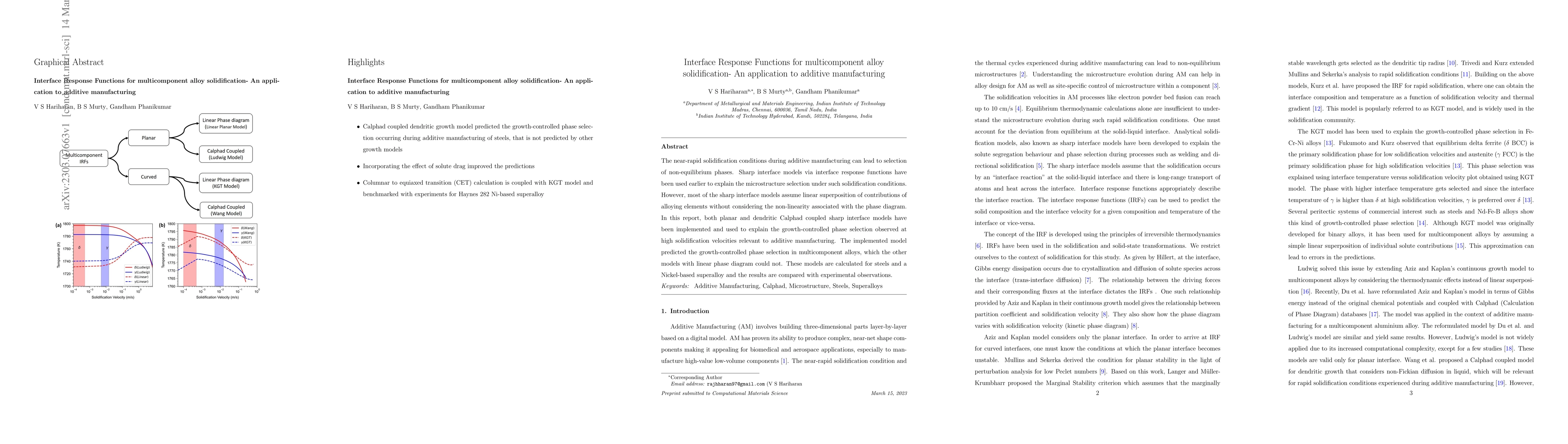 Thumbnail for Interface Response Functions for multicomponent alloy solidification- An
  application to additive manufacturing