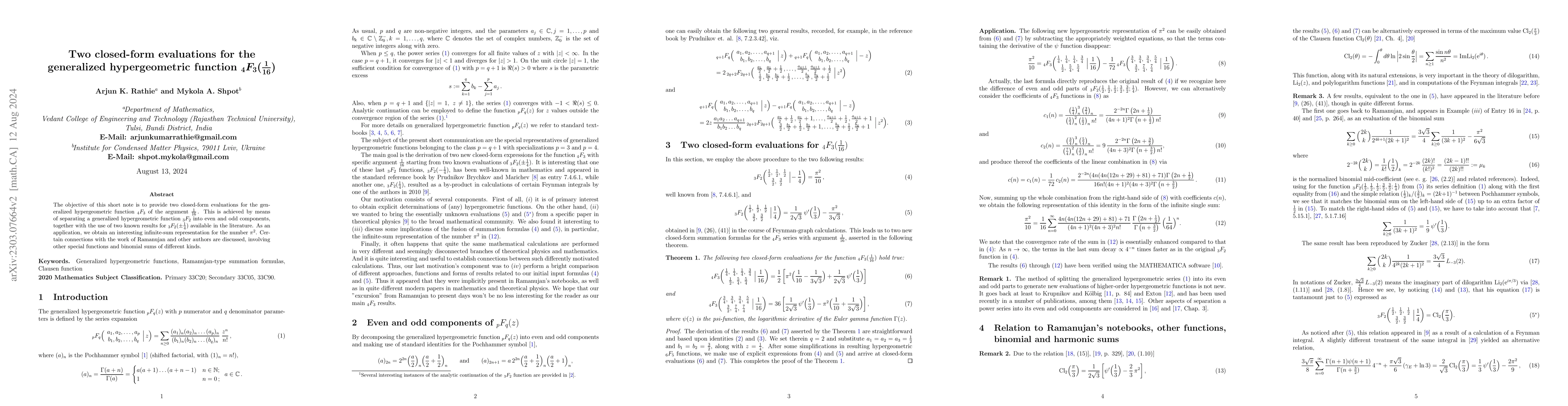 Thumbnail for Two closed-form evaluations for the generalized hypergeometric function
  ${}_4F_3(\frac1{16})$