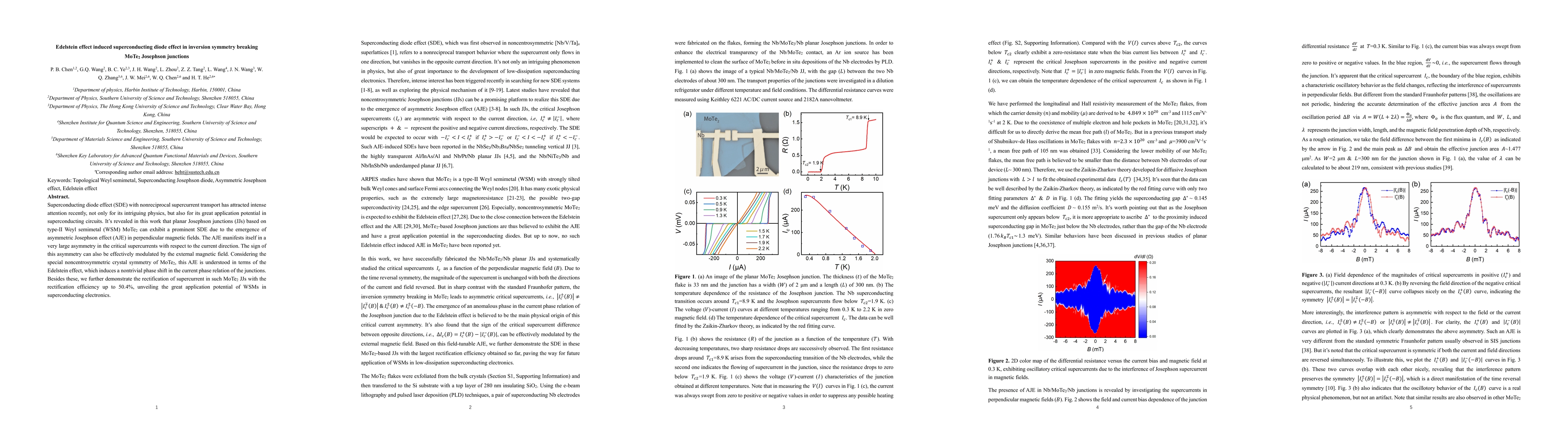 Thumbnail for Edelstein effect induced superconducting diode effect in inversion
  symmetry breaking MoTe$_2$ Josephson junctions