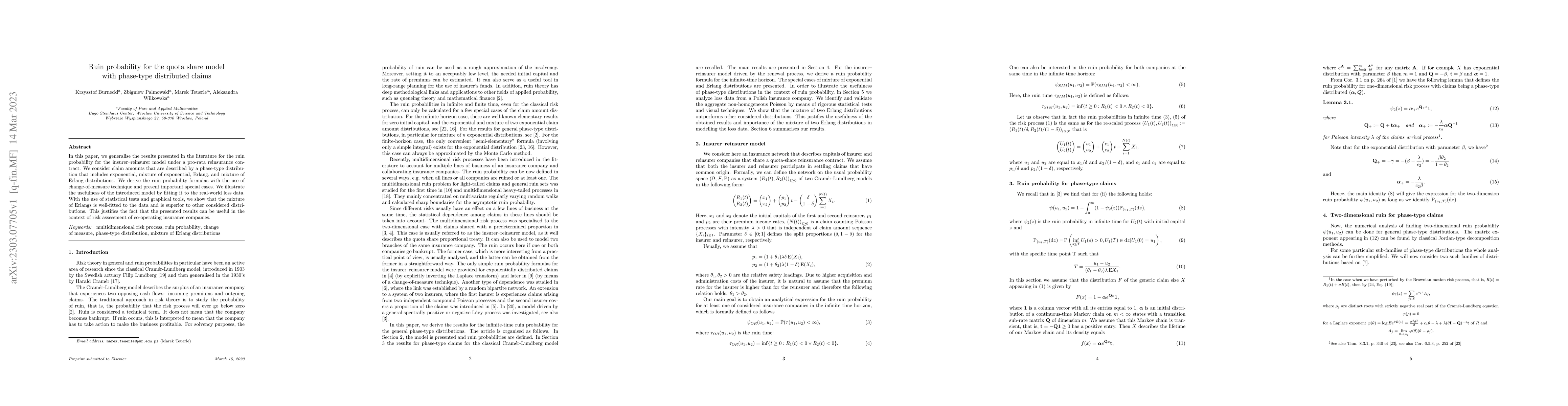 Thumbnail for Ruin probability for the quota share model with~phase-type distributed
  claims