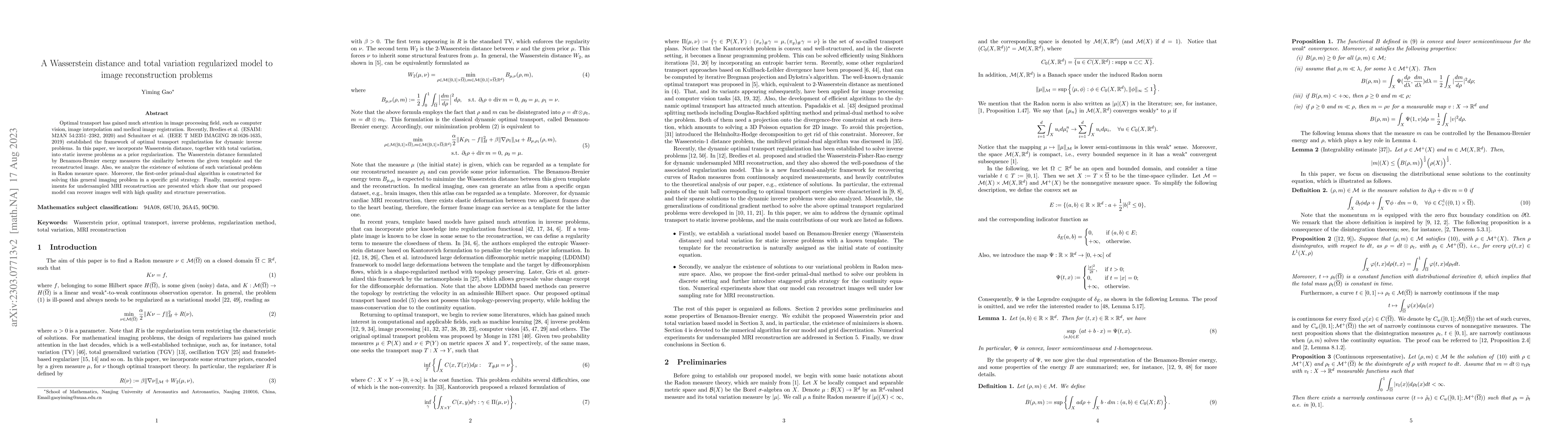 Thumbnail for A Wasserstein distance and total variation regularized model to image
  reconstruction problems