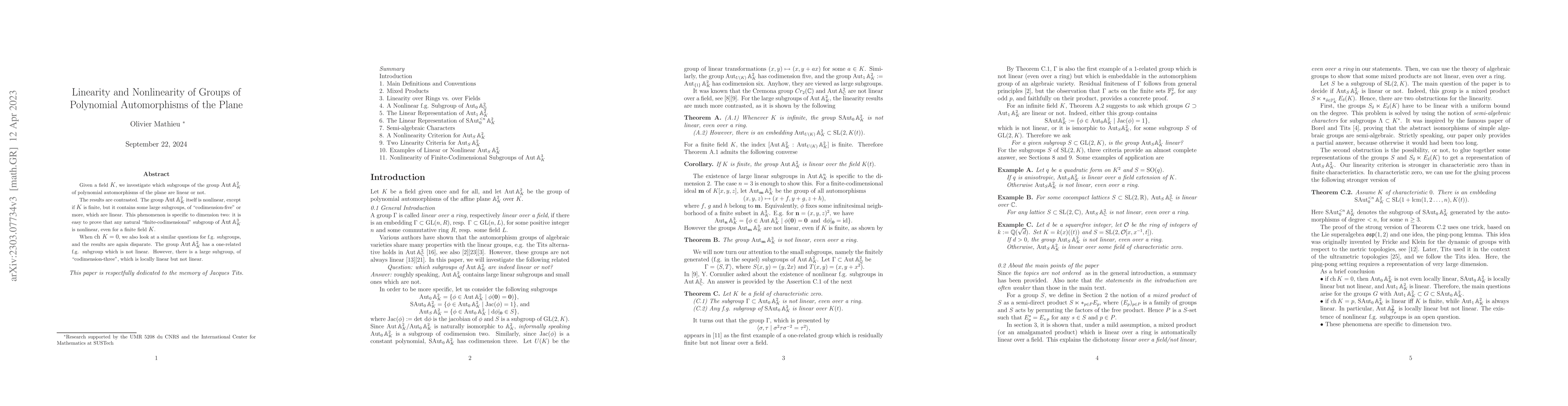 Thumbnail for Linearity and Nonlinearity of Groups of Polynomial Automorphisms of the
  Plane