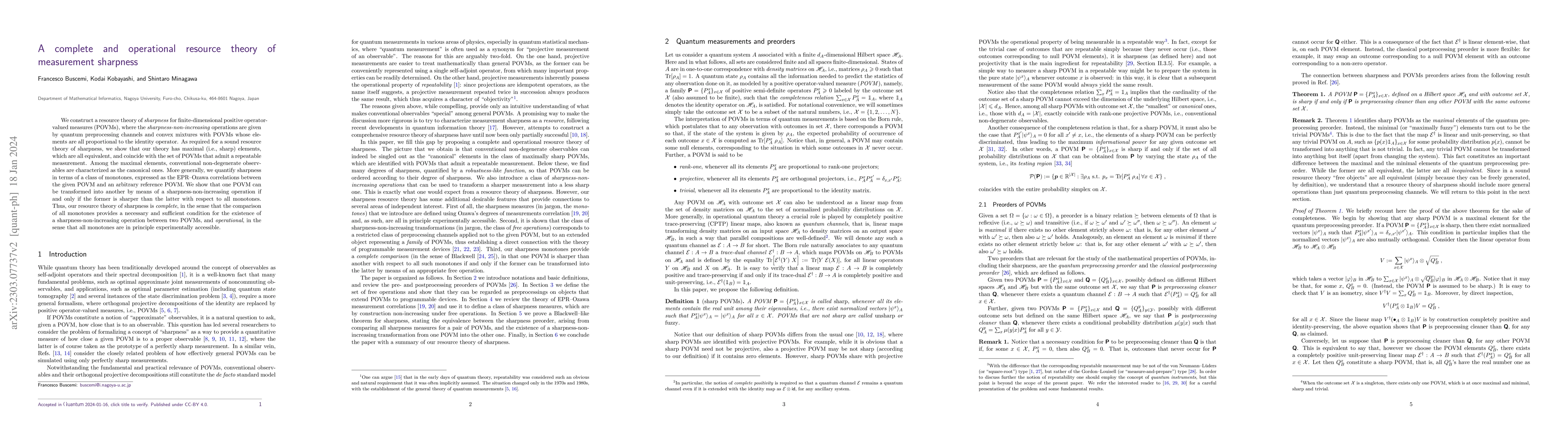 Thumbnail for A complete and operational resource theory of measurement sharpness