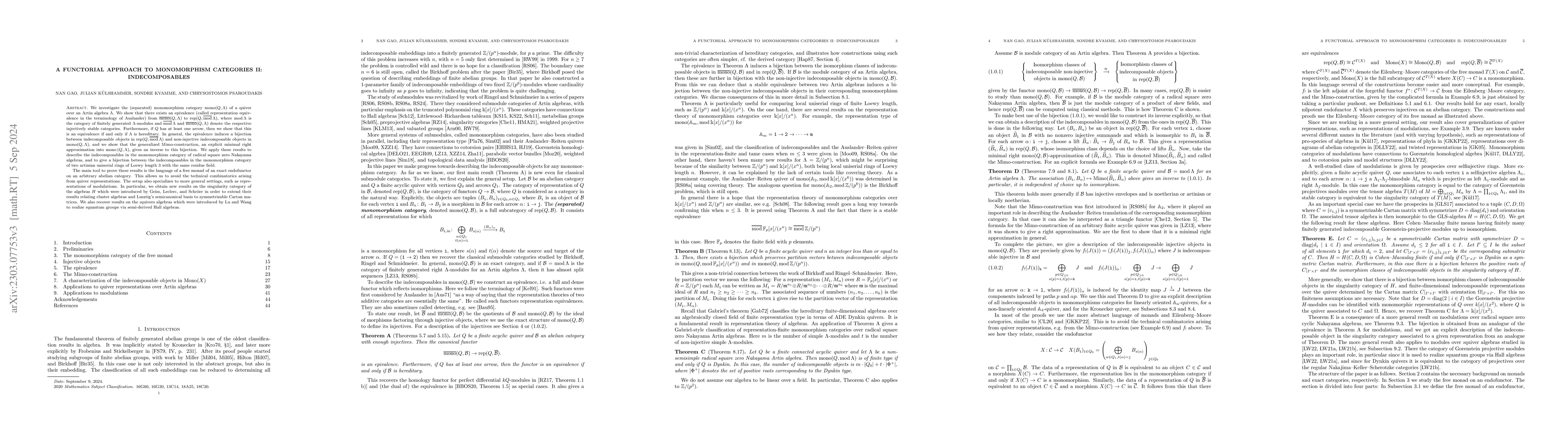 Thumbnail for A functorial approach to monomorphism categories II: Indecomposables