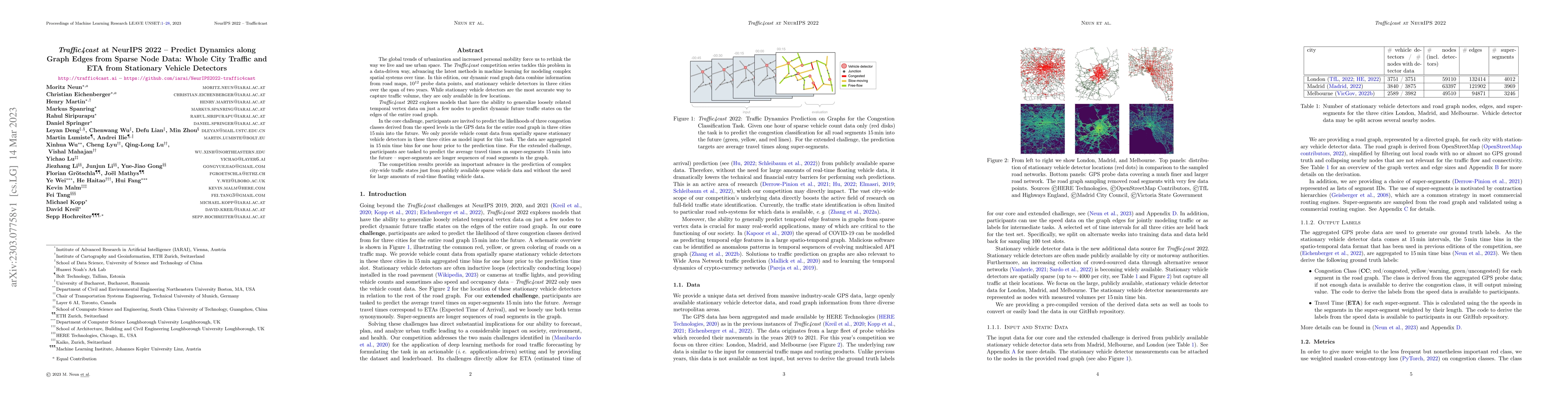 Thumbnail for Traffic4cast at NeurIPS 2022 -- Predict Dynamics along Graph Edges from
  Sparse Node Data: Whole City Traffic and ETA from Stationary Vehicle
  Detectors