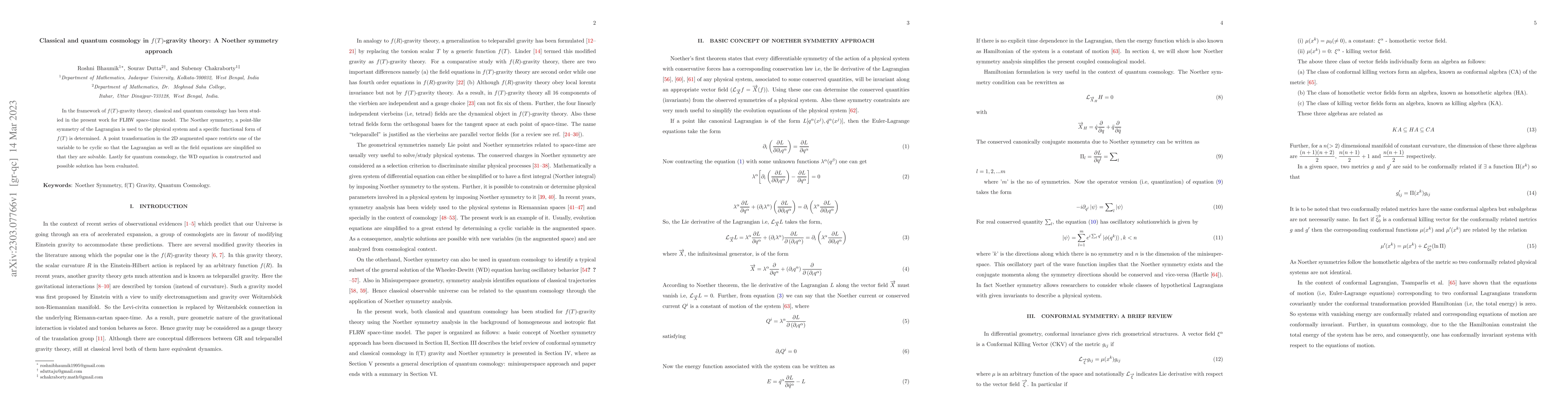Thumbnail for Classical and quantum cosmology in $f(T)$-gravity theory: A Noether
  symmetry approach