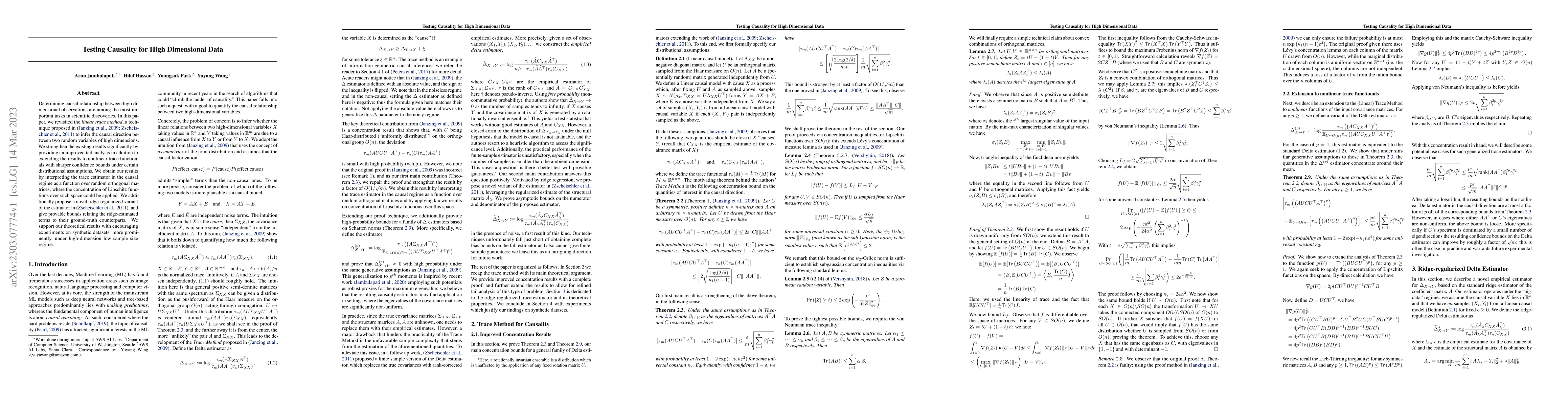 Thumbnail for Testing Causality for High Dimensional Data