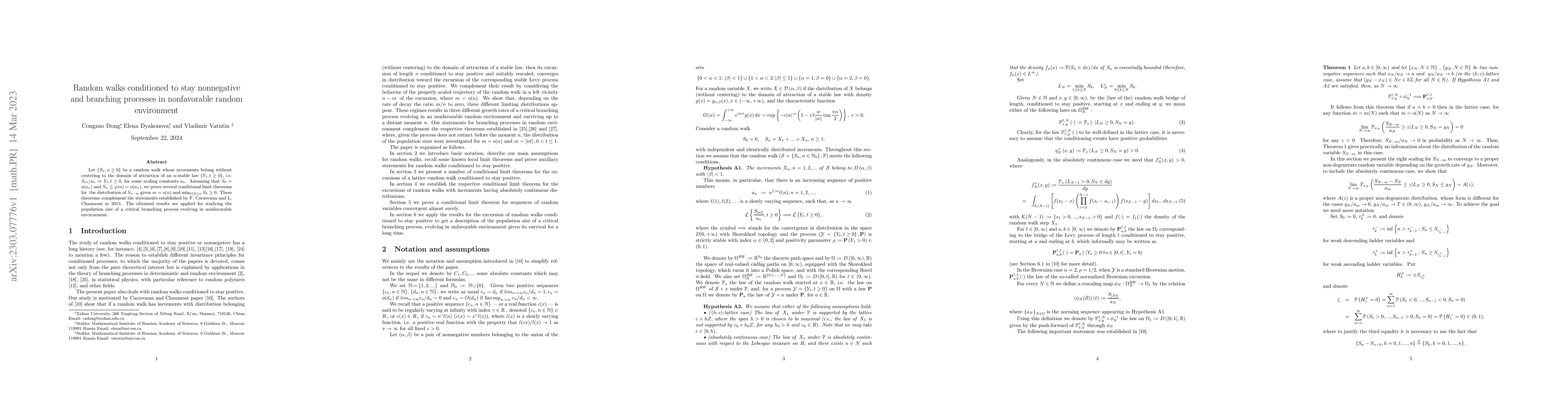 Thumbnail for Random walks conditioned to stay non-negative and branching processes in
  non-favorable random environment