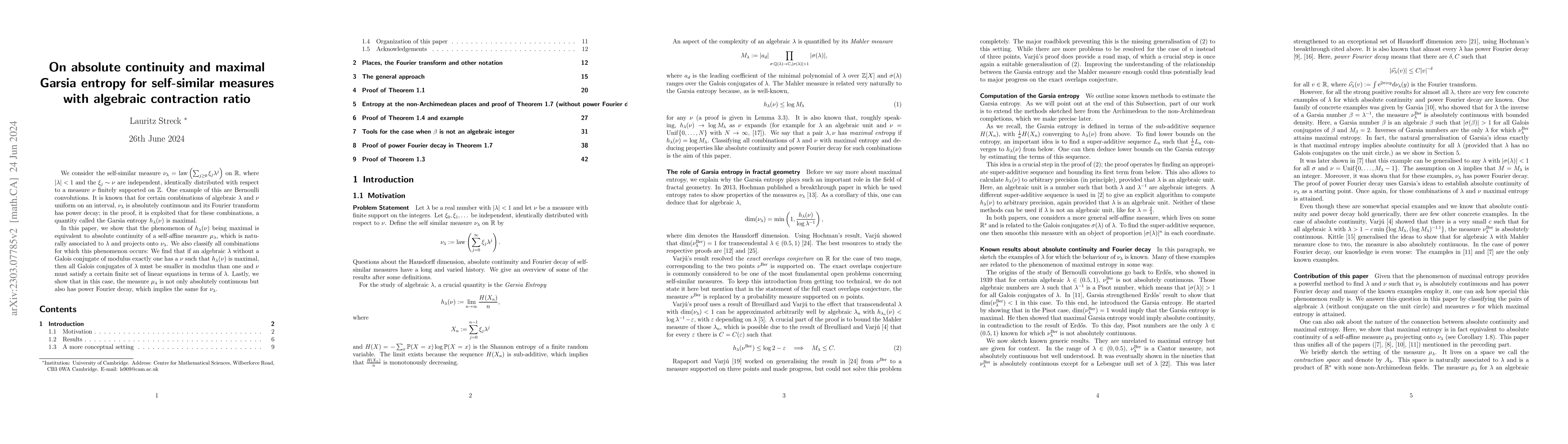Thumbnail for On absolute continuity and maximal Garsia entropy for self-similar
  measures with algebraic contraction ratio