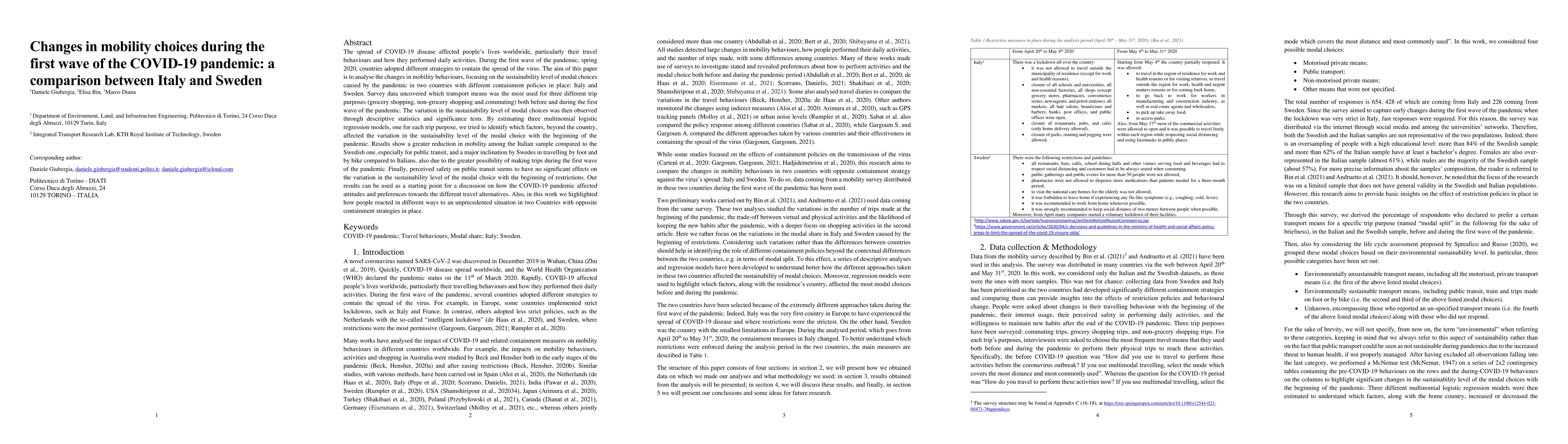 Thumbnail for Changes in mobility choices during the first wave of the COVID-19
  pandemic: a comparison between Italy and Sweden