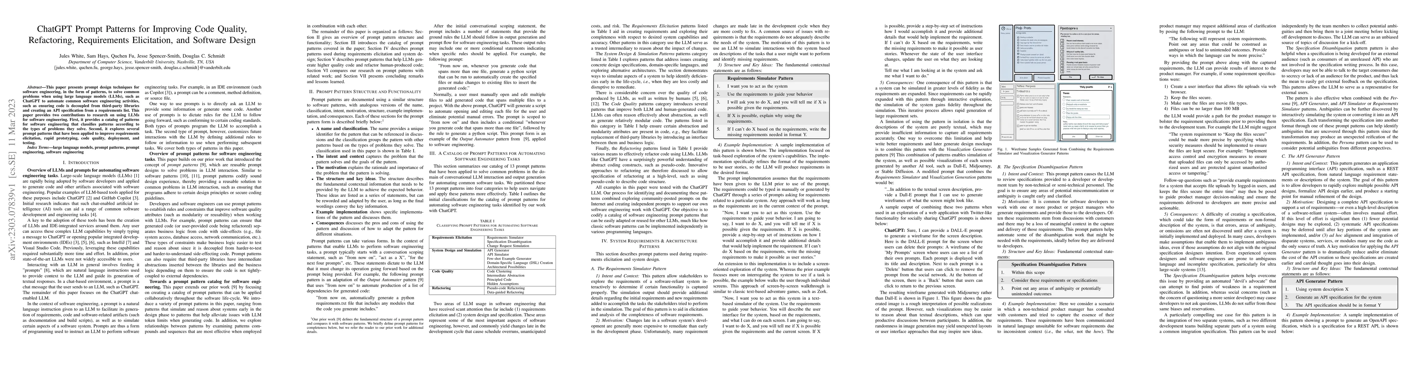 Thumbnail for ChatGPT Prompt Patterns for Improving Code Quality, Refactoring,
  Requirements Elicitation, and Software Design