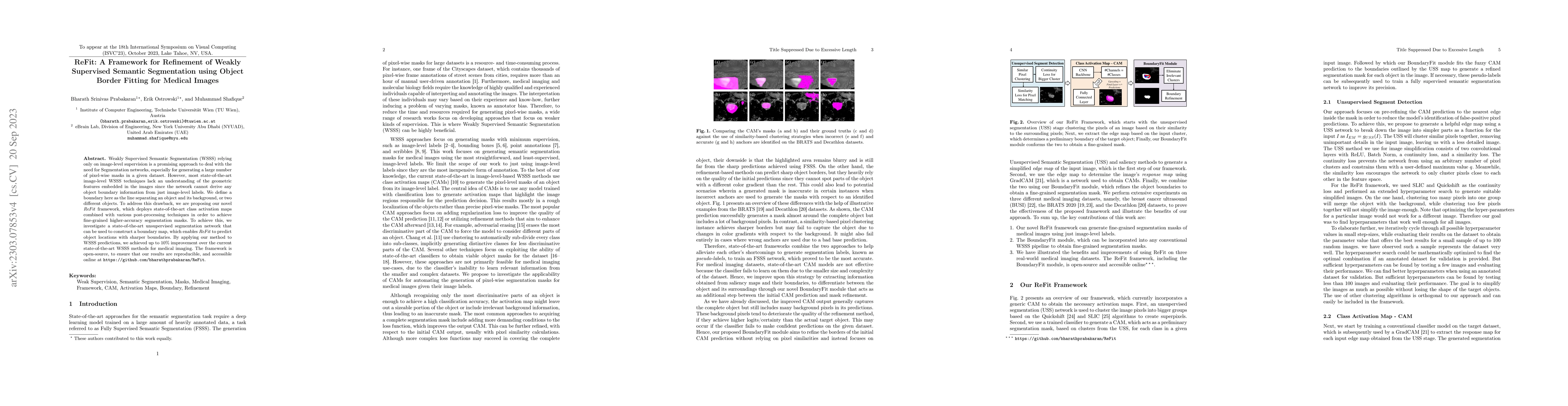 Thumbnail for ReFit: A Framework for Refinement of Weakly Supervised Semantic
  Segmentation using Object Border Fitting for Medical Images
