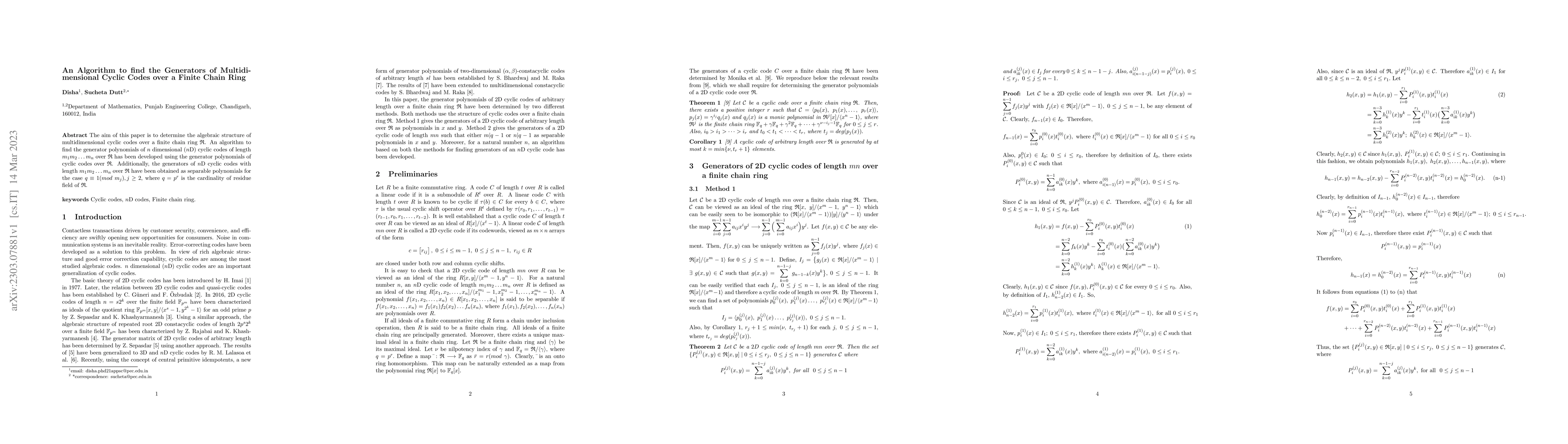 Thumbnail for An Algorithm to find the Generators of Multidimensional Cyclic Codes
  over a Finite Chain Ring