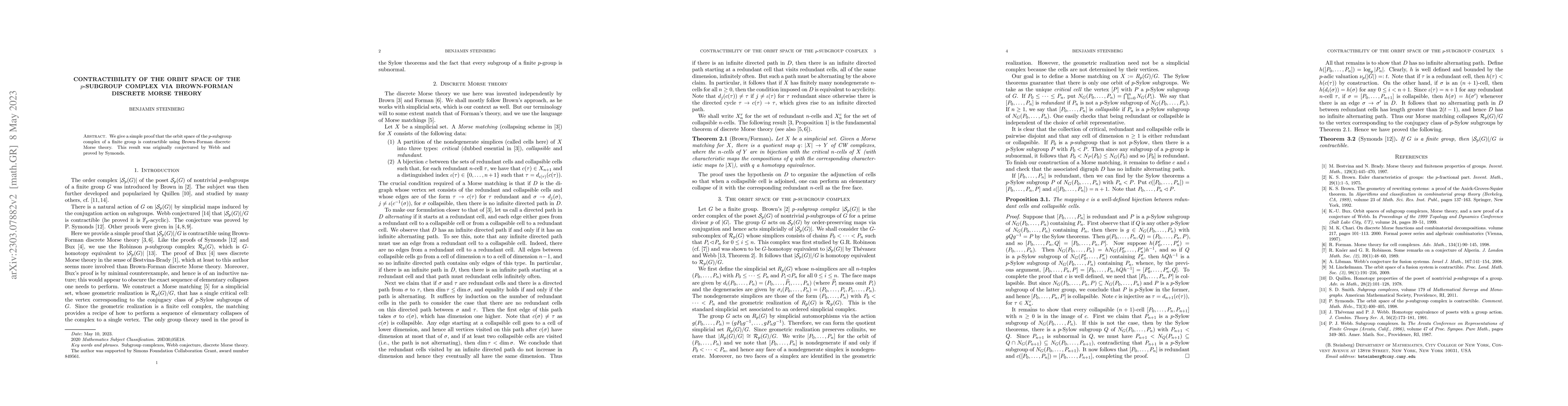 Thumbnail for Contractibility of the orbit space of the $p$-subgroup complex via
  Brown-Forman discrete Morse theory
