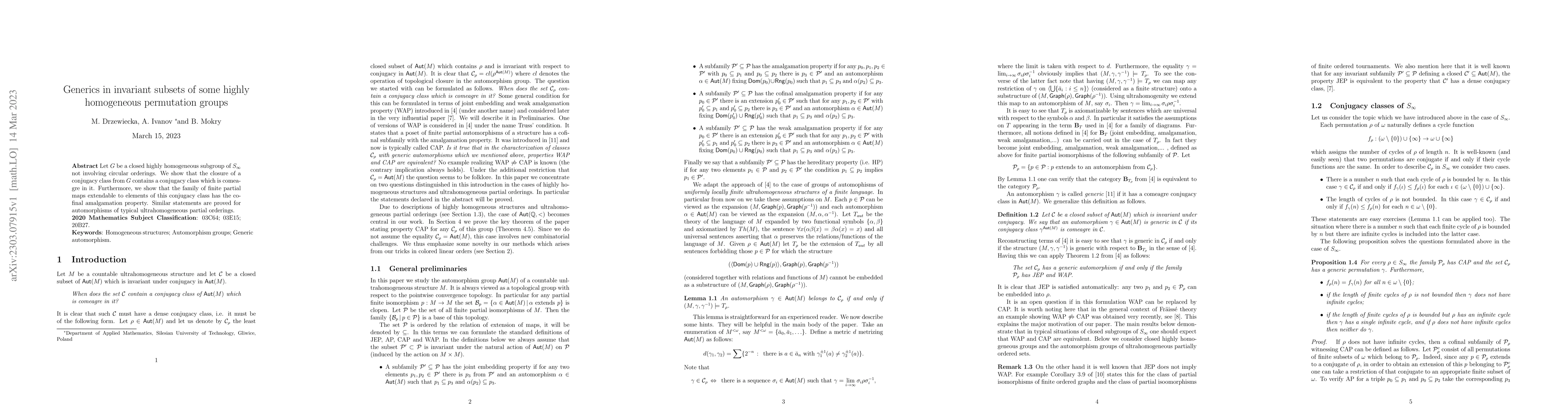 Thumbnail for Generics in invariant subsets of some highly homogeneous permutation
  groups