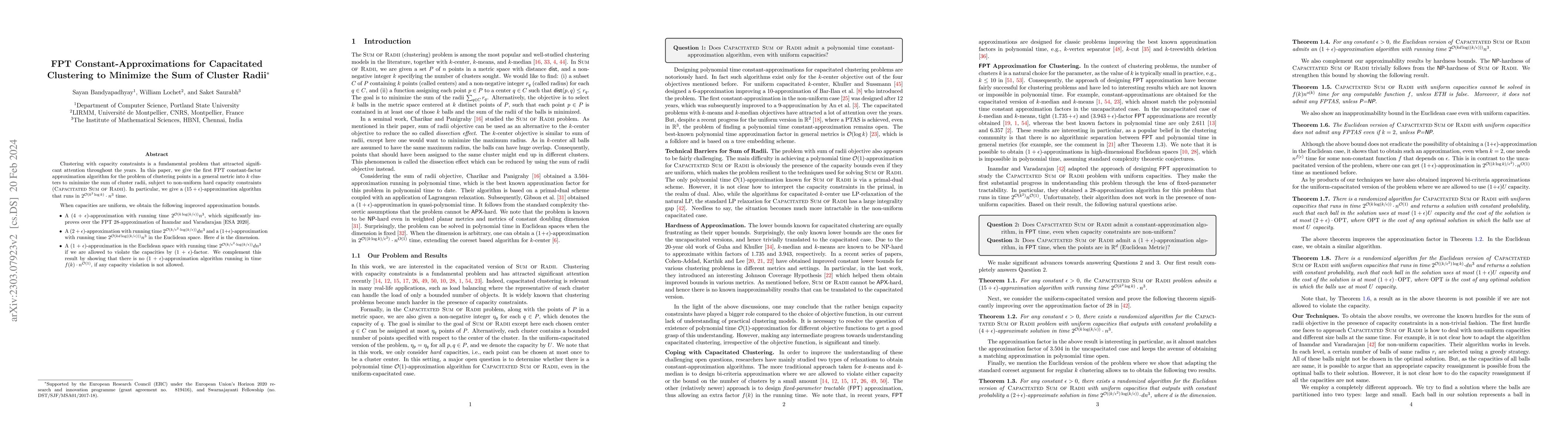 Thumbnail for FPT Constant-Approximations for Capacitated Clustering to Minimize the
  Sum of Cluster Radii