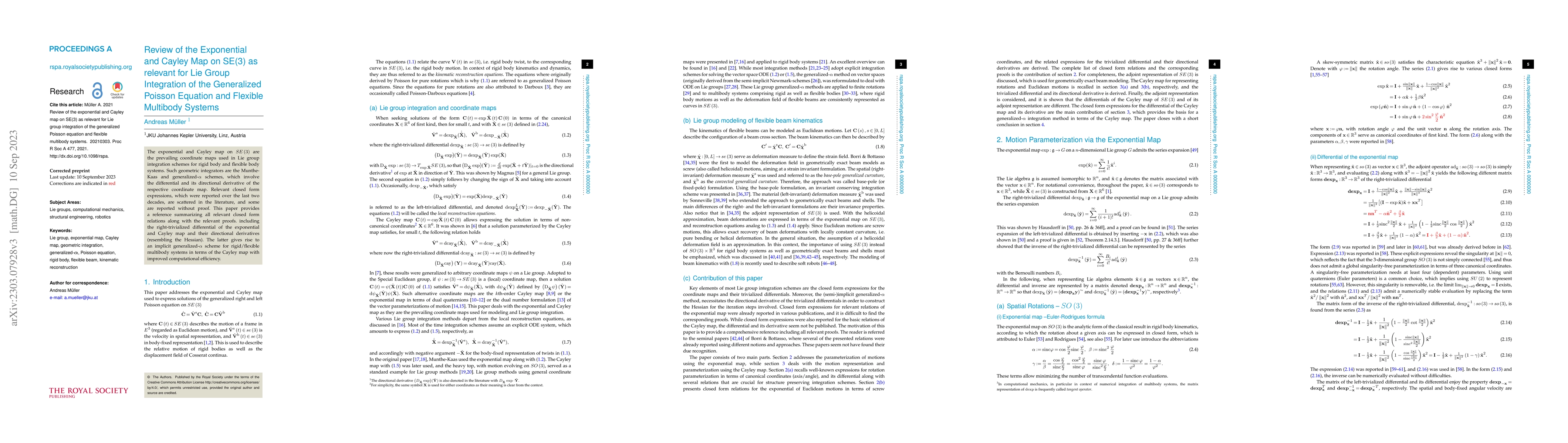 Thumbnail for Review of the Exponential and Cayley Map on SE(3) as relevant for Lie
  Group Integration of the Generalized Poisson Equation and Flexible Multibody
  Systems