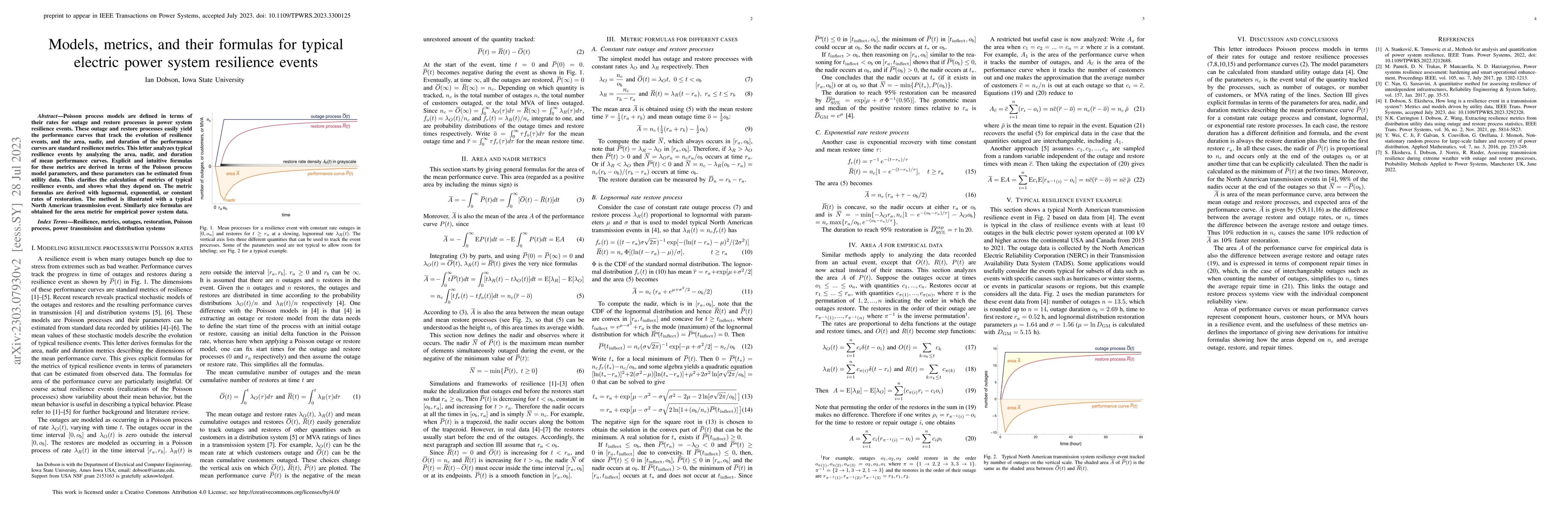 Thumbnail for Models, metrics, and their formulas for typical electric power system
  resilience events