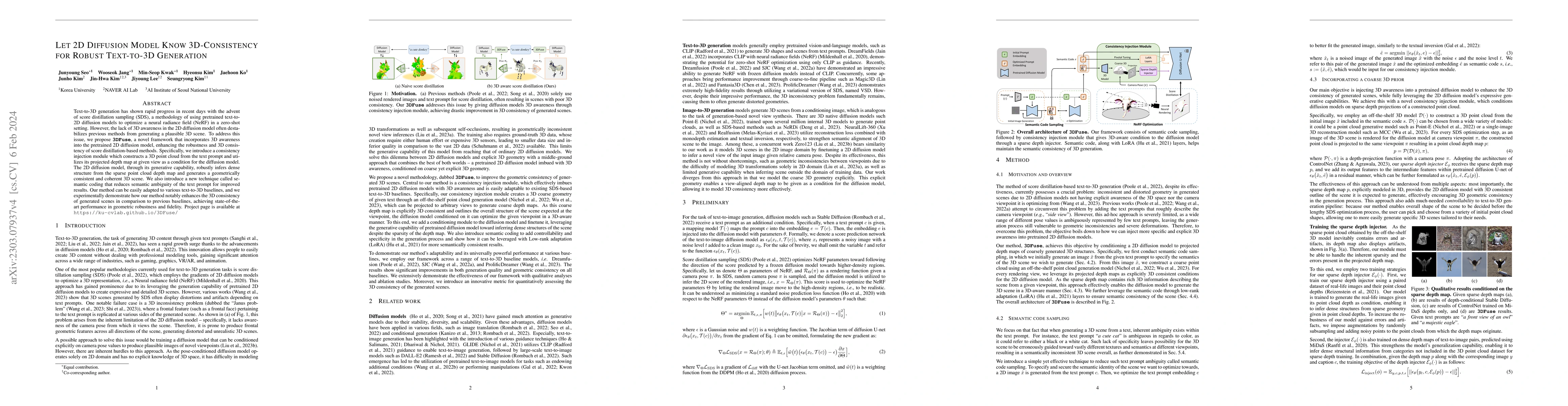 Thumbnail for Let 2D Diffusion Model Know 3D-Consistency for Robust Text-to-3D
  Generation