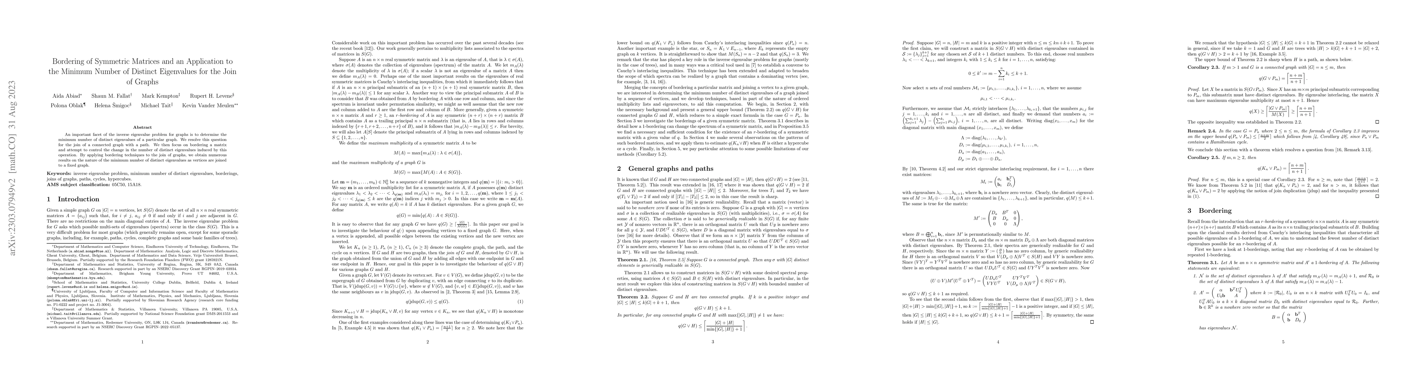 Thumbnail for Bordering of Symmetric Matrices and an Application to the Minimum Number
  of Distinct Eigenvalues for the Join of Graphs