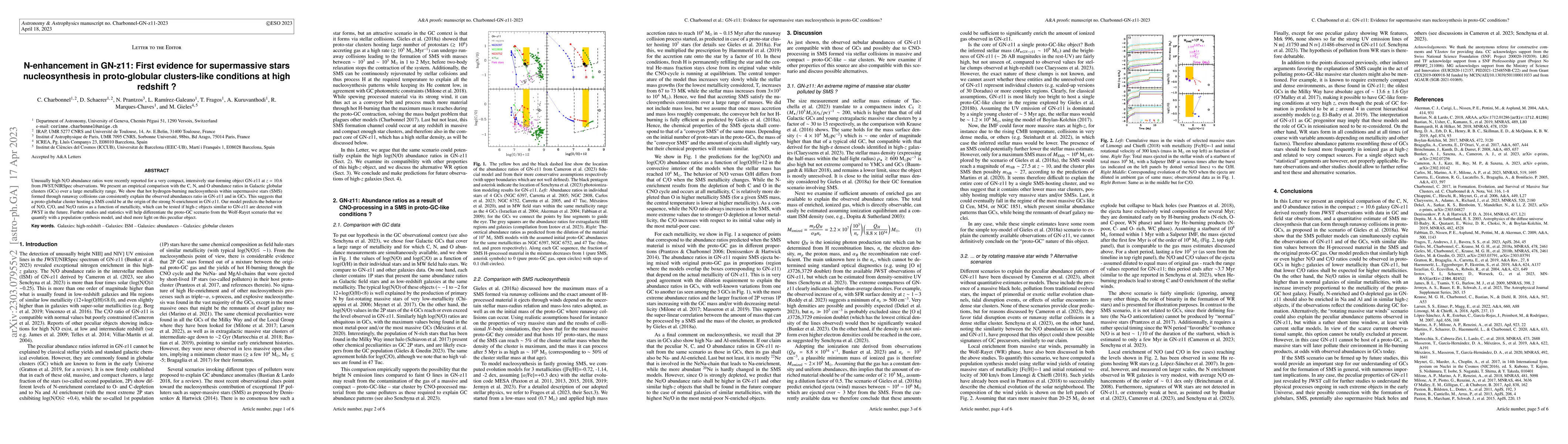 Thumbnail for N-enhancement in GN-z11: First evidence for supermassive stars
  nucleosynthesis in proto-globular clusters-like conditions at high redshift ?