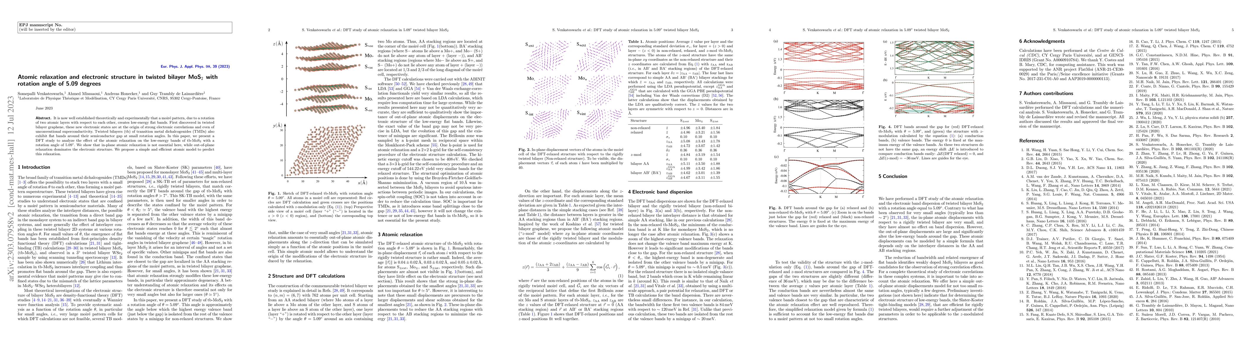 Thumbnail for Atomic relaxation and electronic structure in twisted bilayer MoS2 with
  rotation angle of 5.09 degrees