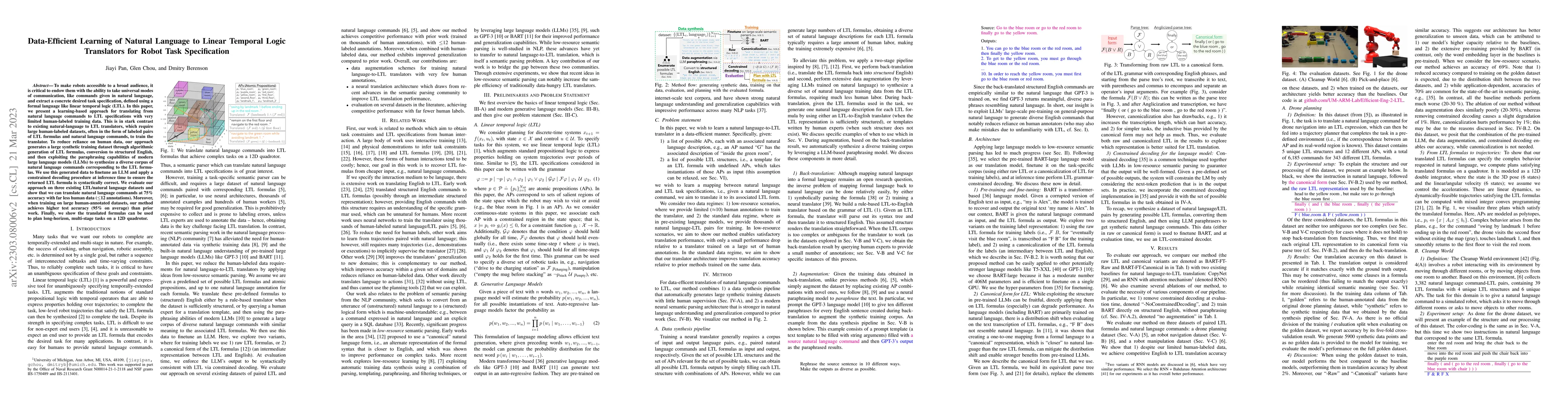 Thumbnail for Data-Efficient Learning of Natural Language to Linear Temporal Logic
  Translators for Robot Task Specification