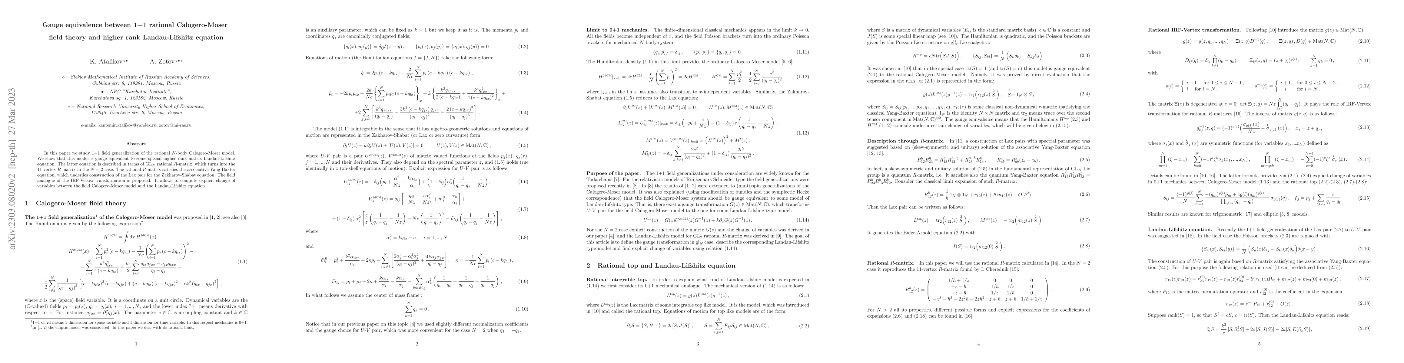 Thumbnail for Gauge equivalence between 1+1 rational Calogero-Moser field theory and
  higher rank Landau-Lifshitz equation