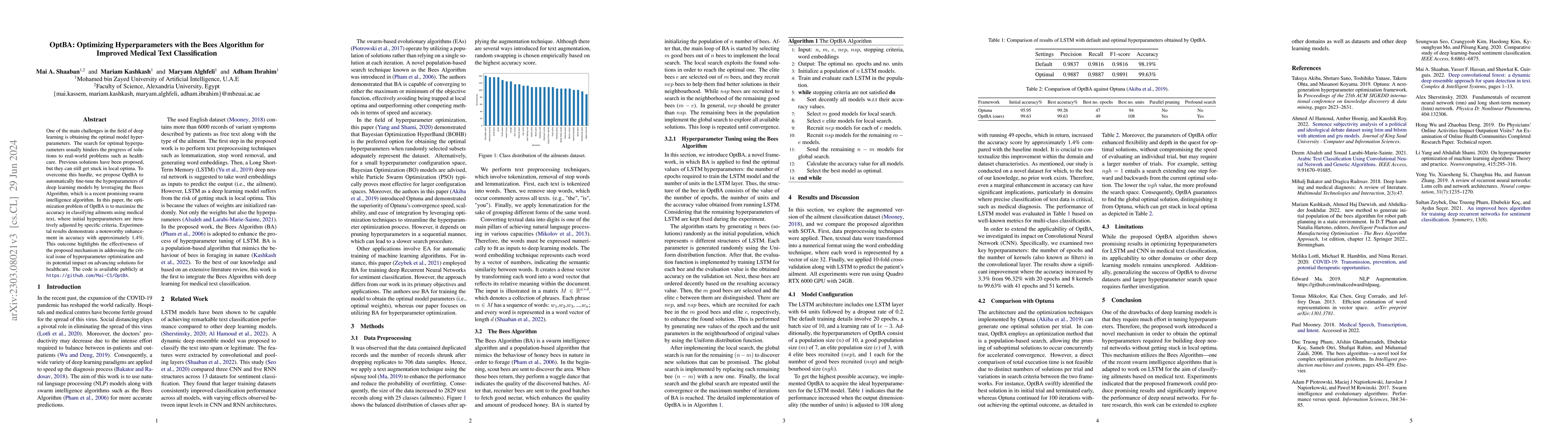 Thumbnail for OptBA: Optimizing Hyperparameters with the Bees Algorithm for Improved
  Medical Text Classification
