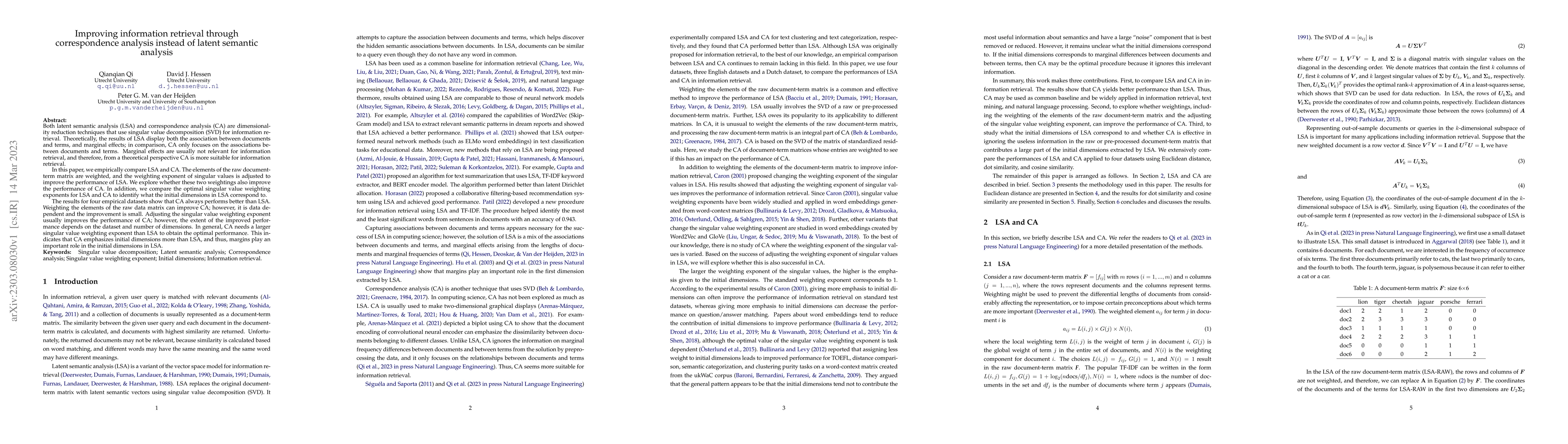 Thumbnail for Improving information retrieval through correspondence analysis instead
  of latent semantic analysis