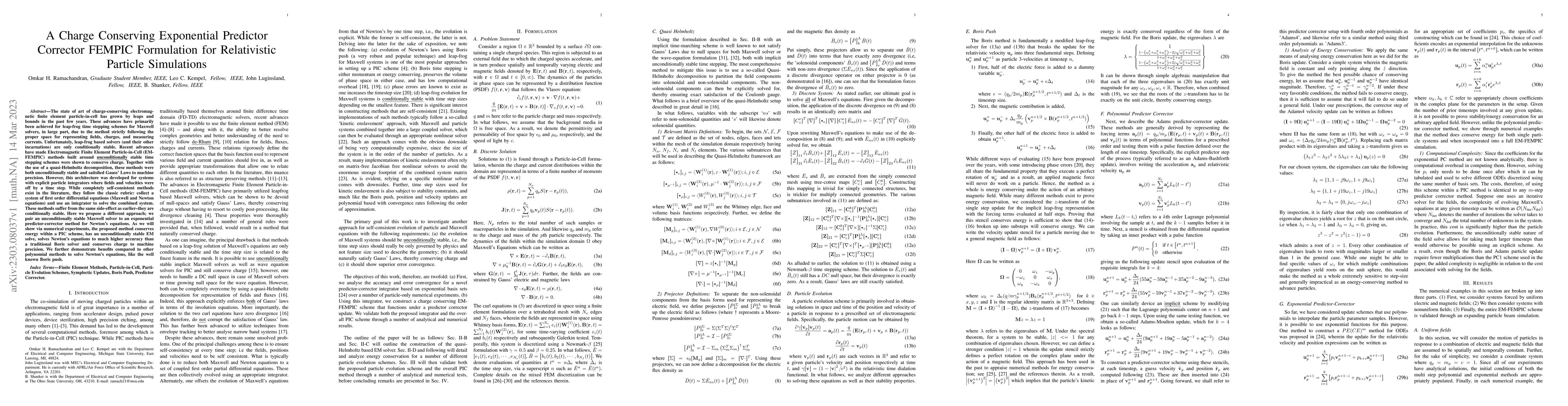 Thumbnail for A Charge Conserving Exponential Predictor Corrector FEMPIC Formulation
  for Relativistic Particle Simulations
