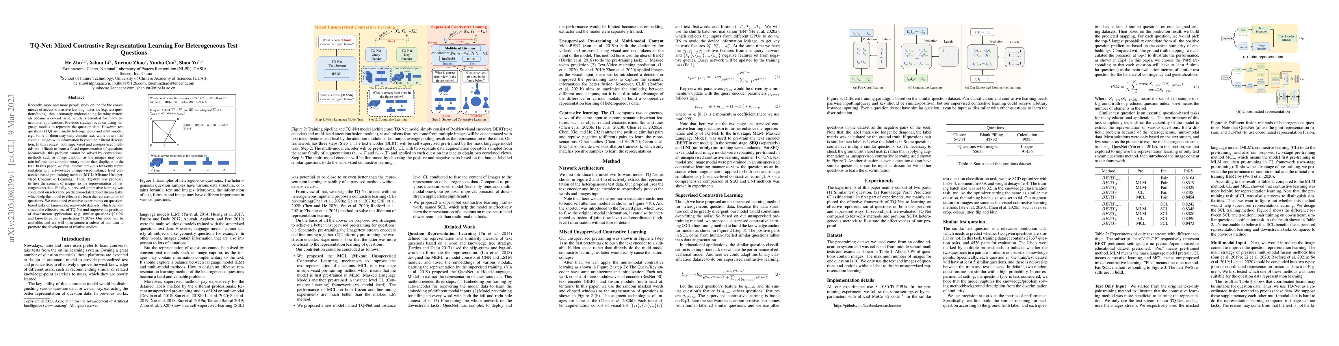Thumbnail for TQ-Net: Mixed Contrastive Representation Learning For Heterogeneous Test
  Questions