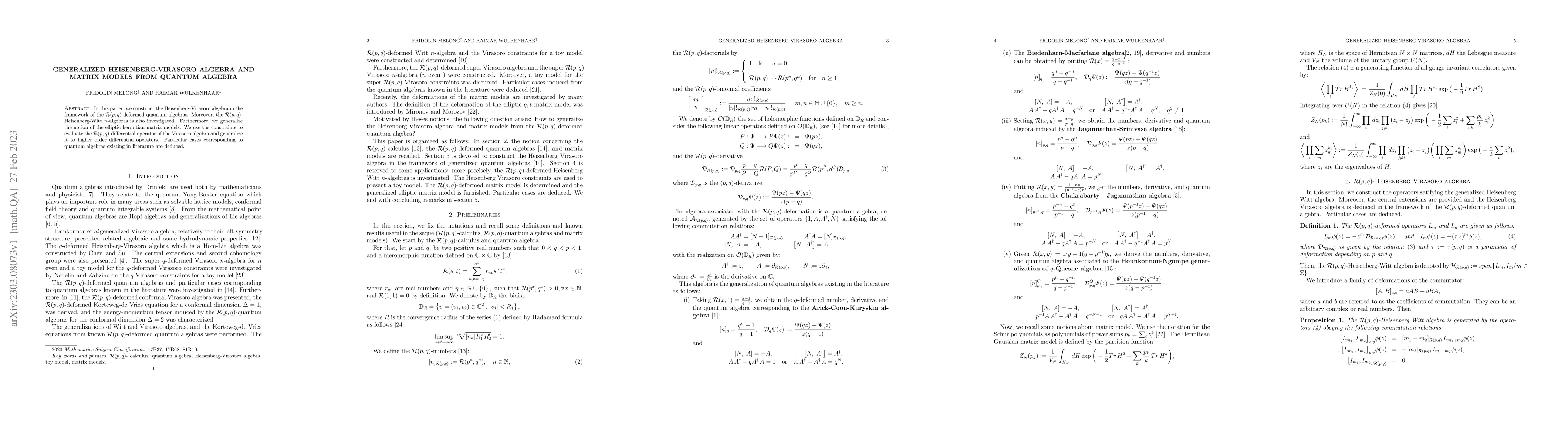 Thumbnail for Generalized Heisenberg-Virasoro algebra and matrix models from quantum
  algebra