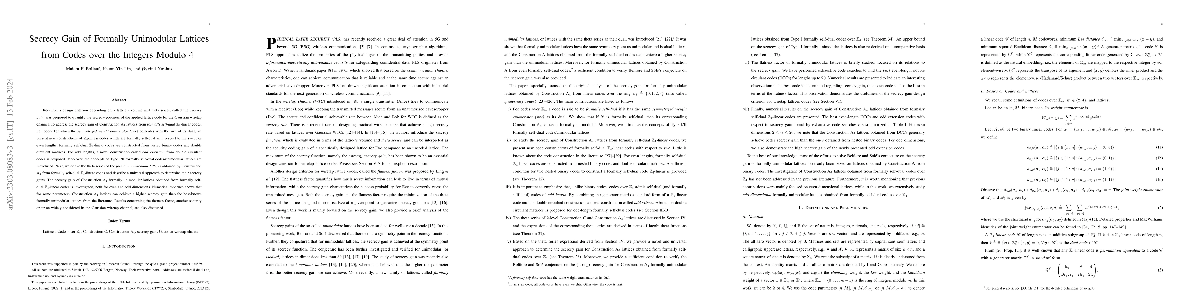 Thumbnail for Secrecy Gain of Formally Unimodular Lattices from Codes over the
  Integers Modulo 4