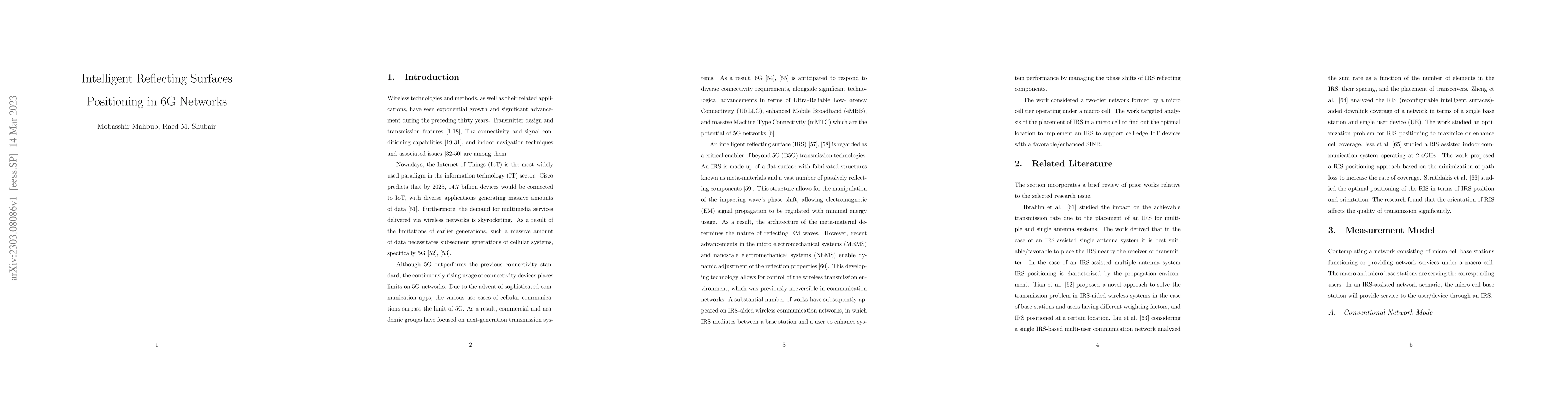 Thumbnail for Intelligent Reflecting Surfaces Positioning in 6G Networks