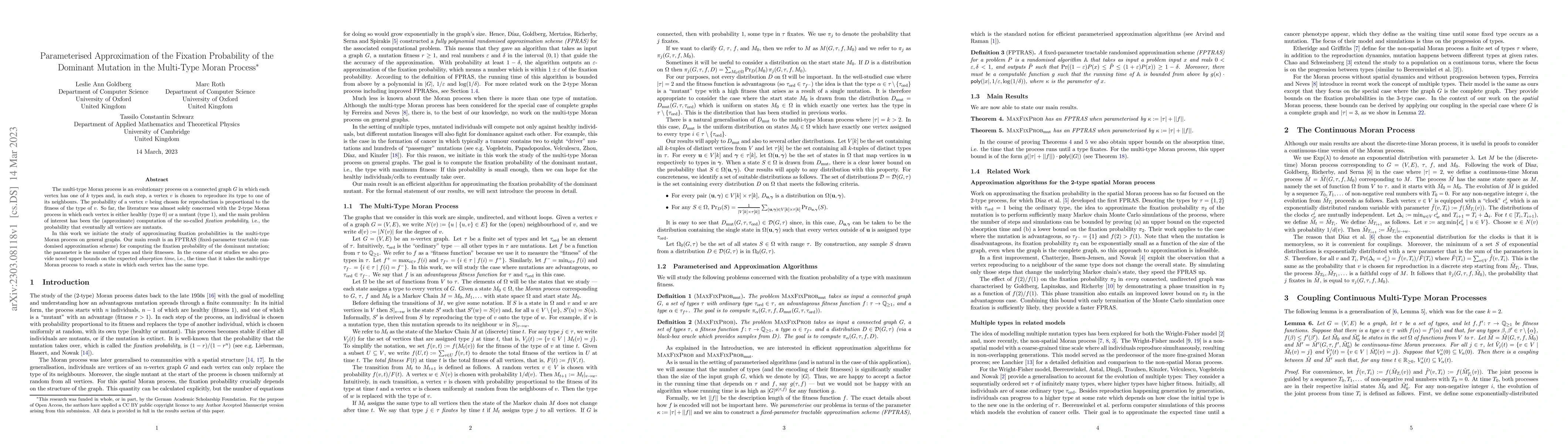 Thumbnail for Parameterised Approximation of the Fixation Probability of the Dominant
  Mutation in the Multi-Type Moran Process