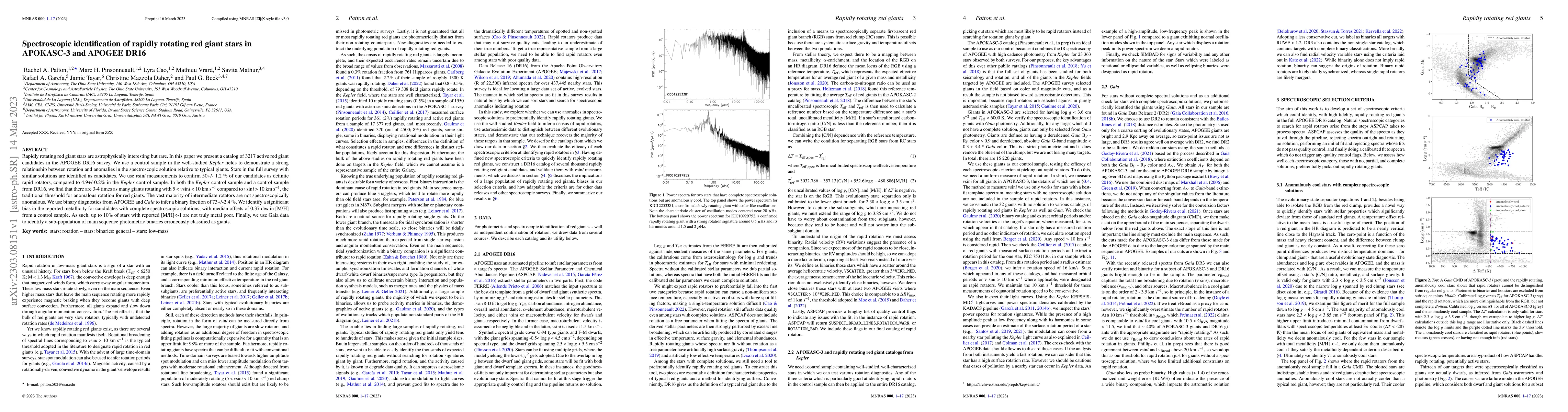 Thumbnail for Spectroscopic identification of rapidly rotating red giant stars in
  APOKASC-3 and APOGEE DR16