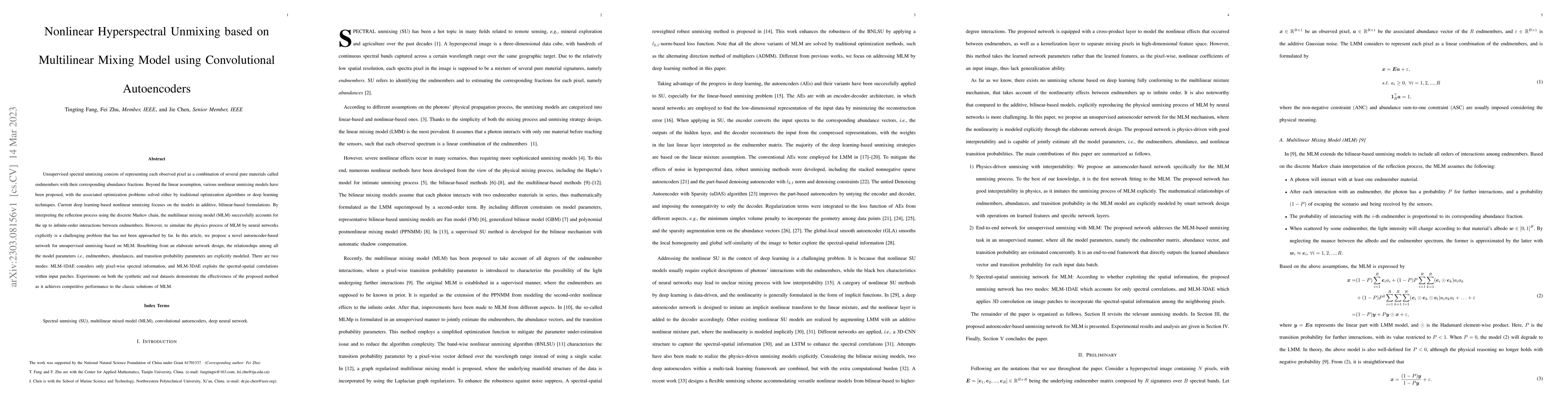 Thumbnail for Nonlinear Hyperspectral Unmixing based on Multilinear Mixing Model using
  Convolutional Autoencoders