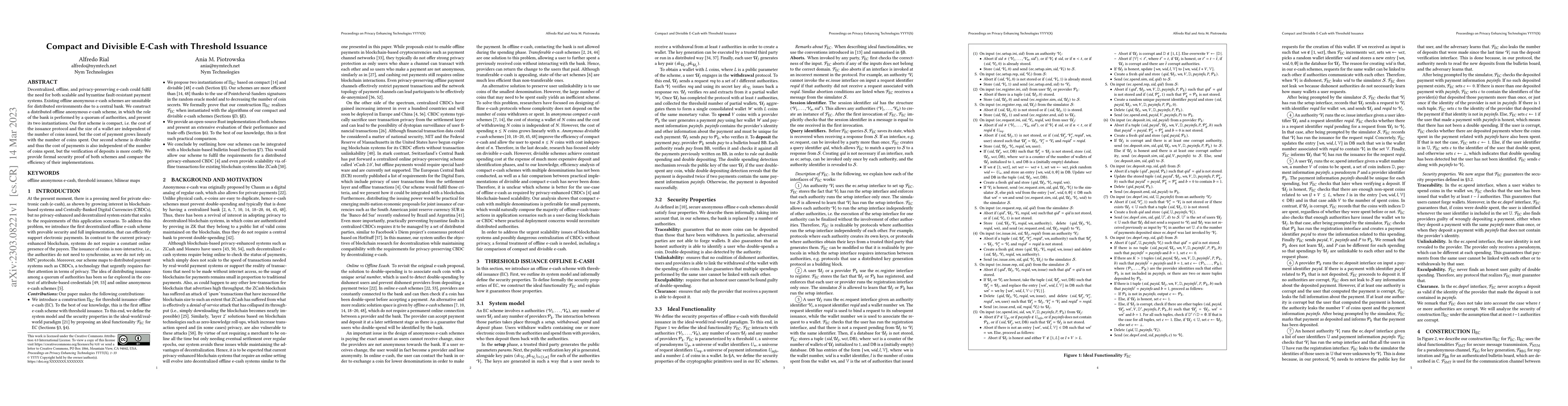 Thumbnail for Compact and Divisible E-Cash with Threshold Issuance