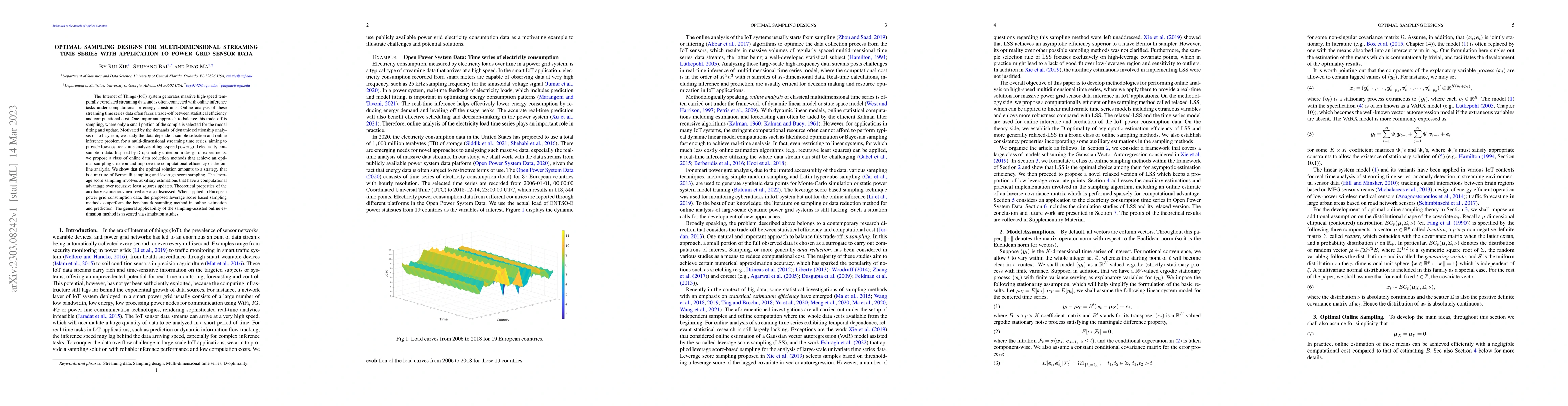 Thumbnail for Optimal Sampling Designs for Multi-dimensional Streaming Time Series
  with Application to Power Grid Sensor Data