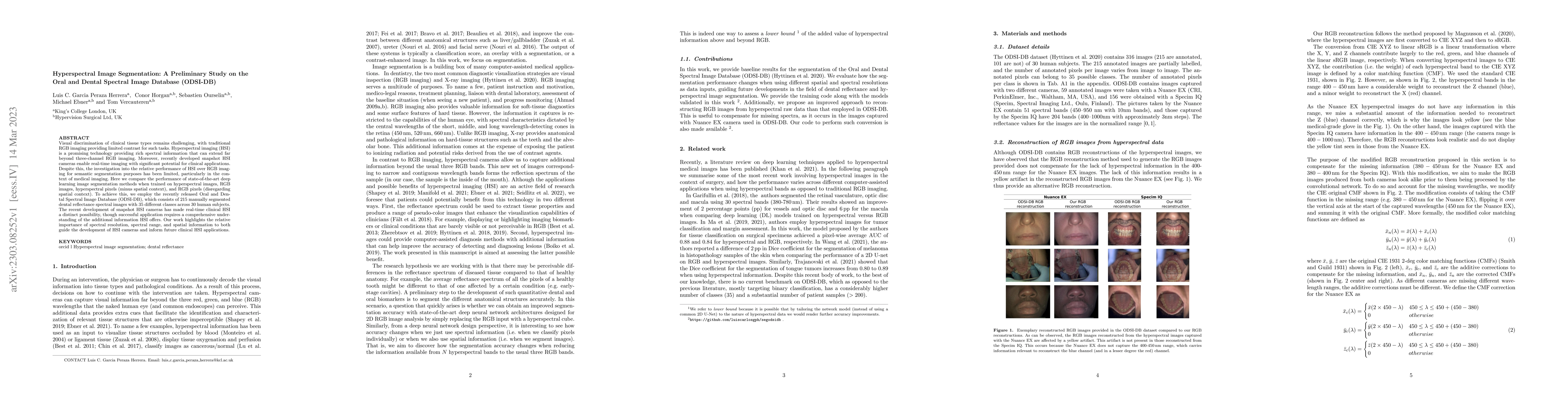Thumbnail for Hyperspectral Image Segmentation: A Preliminary Study on the Oral and
  Dental Spectral Image Database (ODSI-DB)