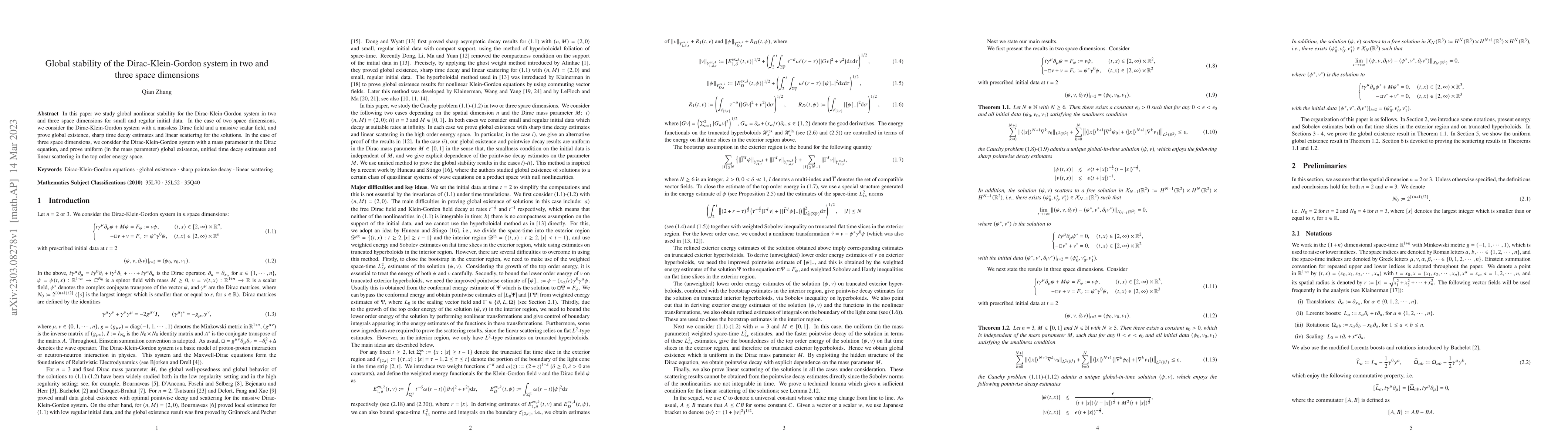 Thumbnail for Global stability of the Dirac-Klein-Gordon system in two and three space
  dimensions