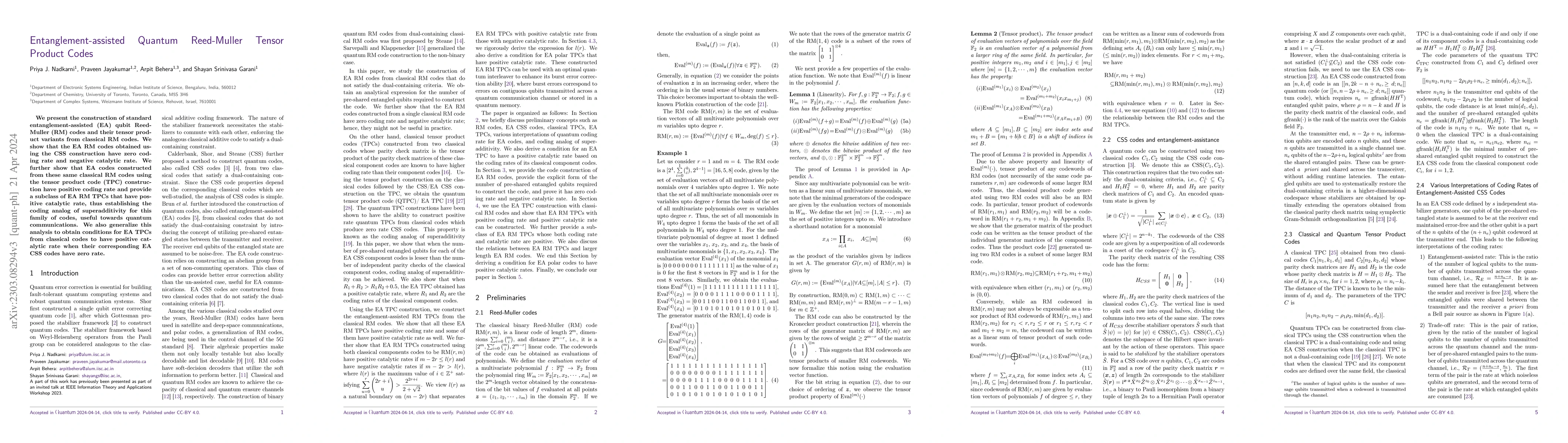 Thumbnail for Entanglement-assisted Quantum Reed-Muller Tensor Product Codes