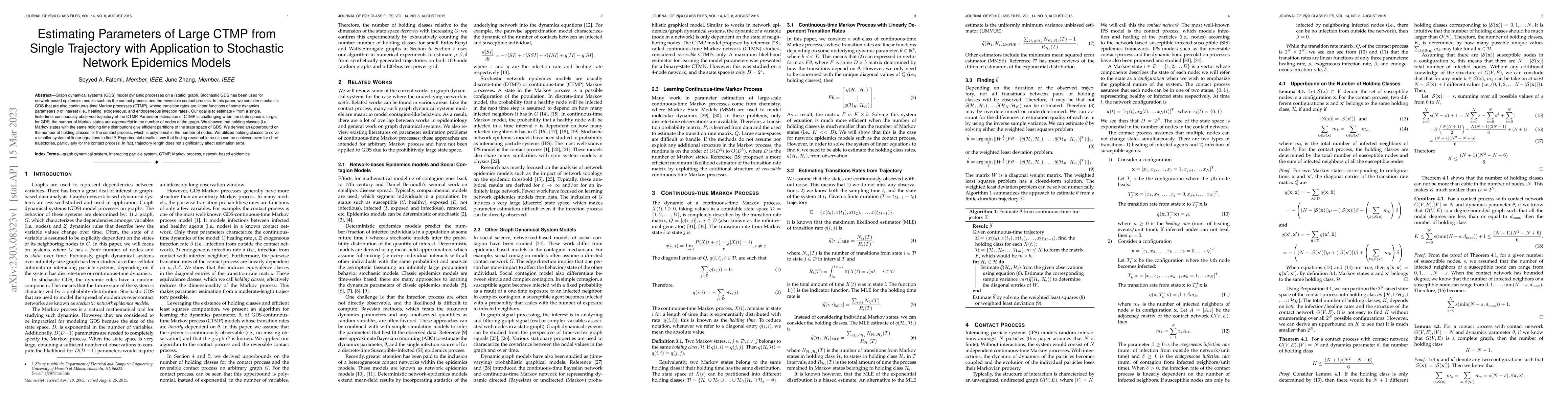 Thumbnail for Estimating Parameters of Large CTMP from Single Trajectory with
  Application to Stochastic Network Epidemics Models