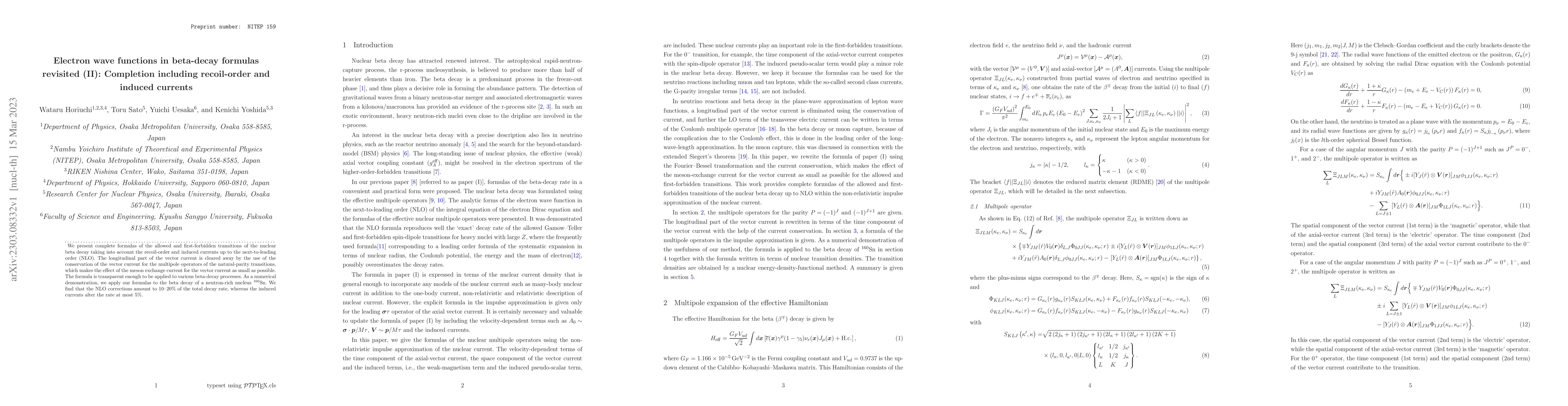 Thumbnail for Electron wave functions in beta-decay formulas revisited (II):
  Completion including recoil-order and induced currents