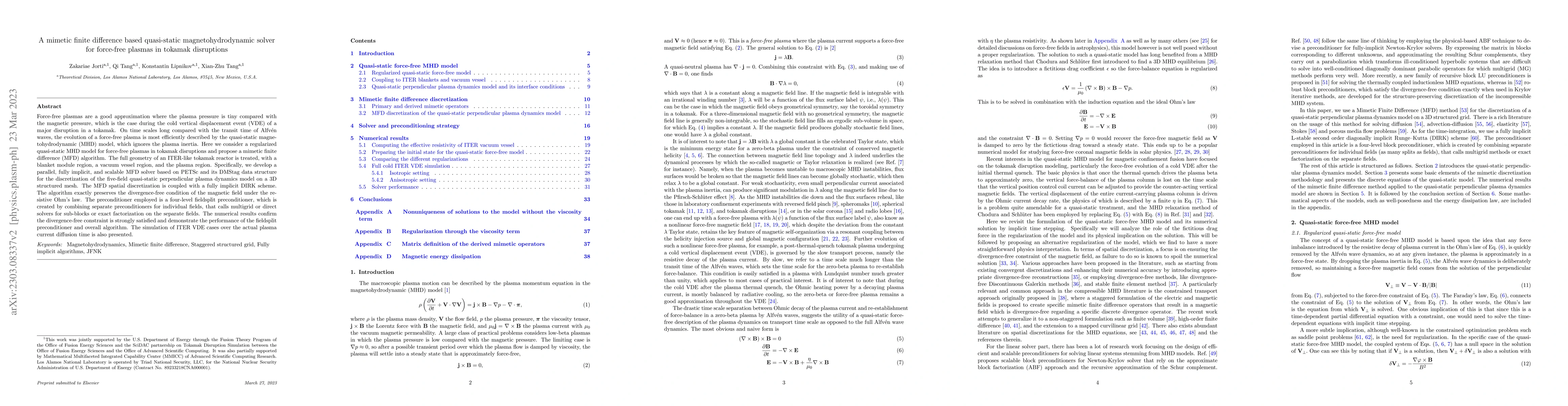Thumbnail for A mimetic finite difference based quasi-static magnetohydrodynamic
  solver for force-free plasmas in tokamak disruptions